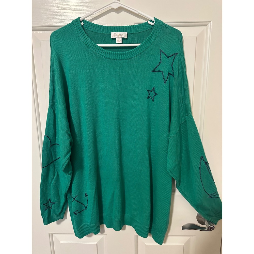Belle by Kim Gravel Sweater Women 2X Green Nautical Star Embroidered Pullover